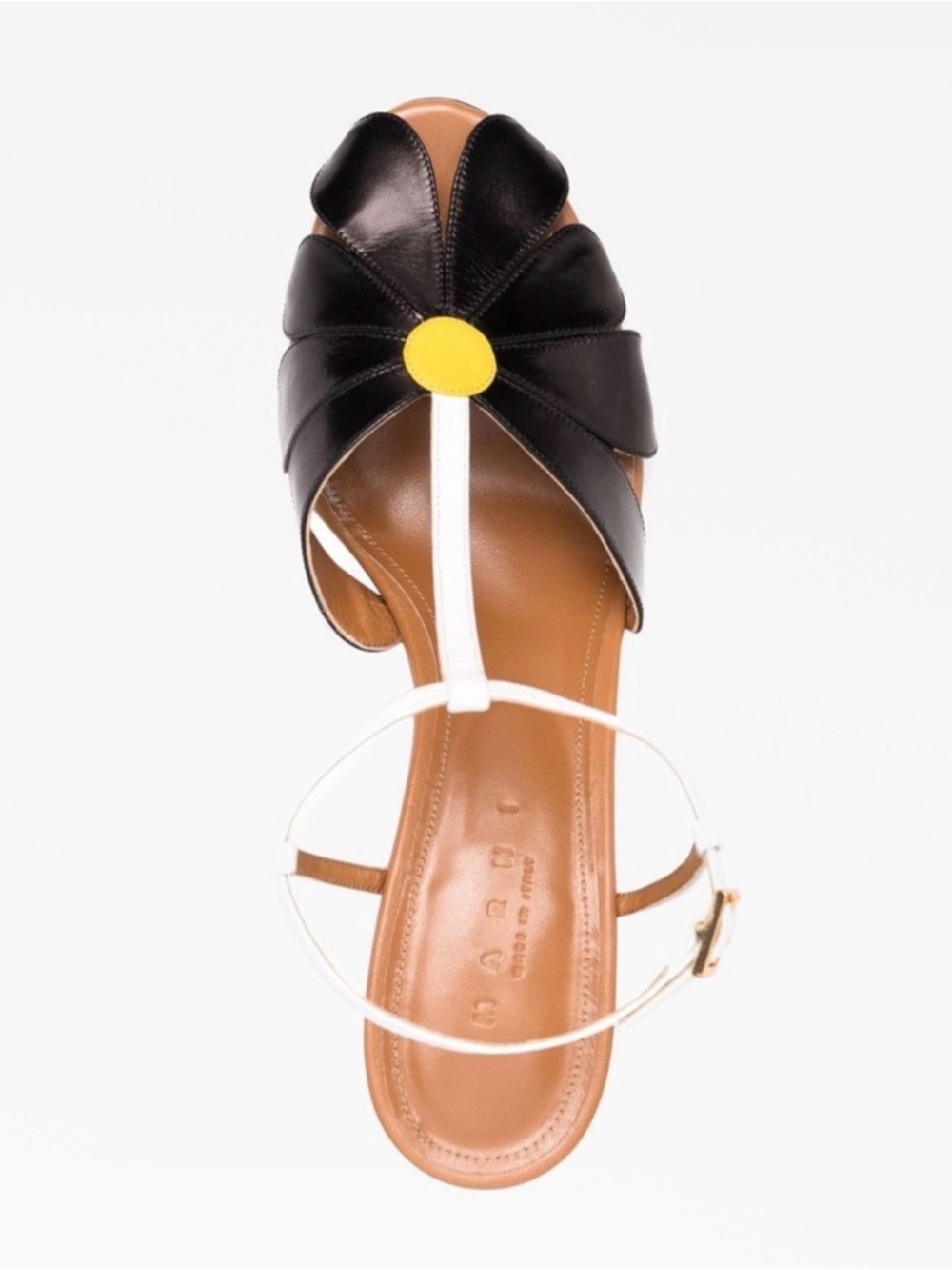 Marni Black and White Floral T-Strap Sandal with Yellow Center